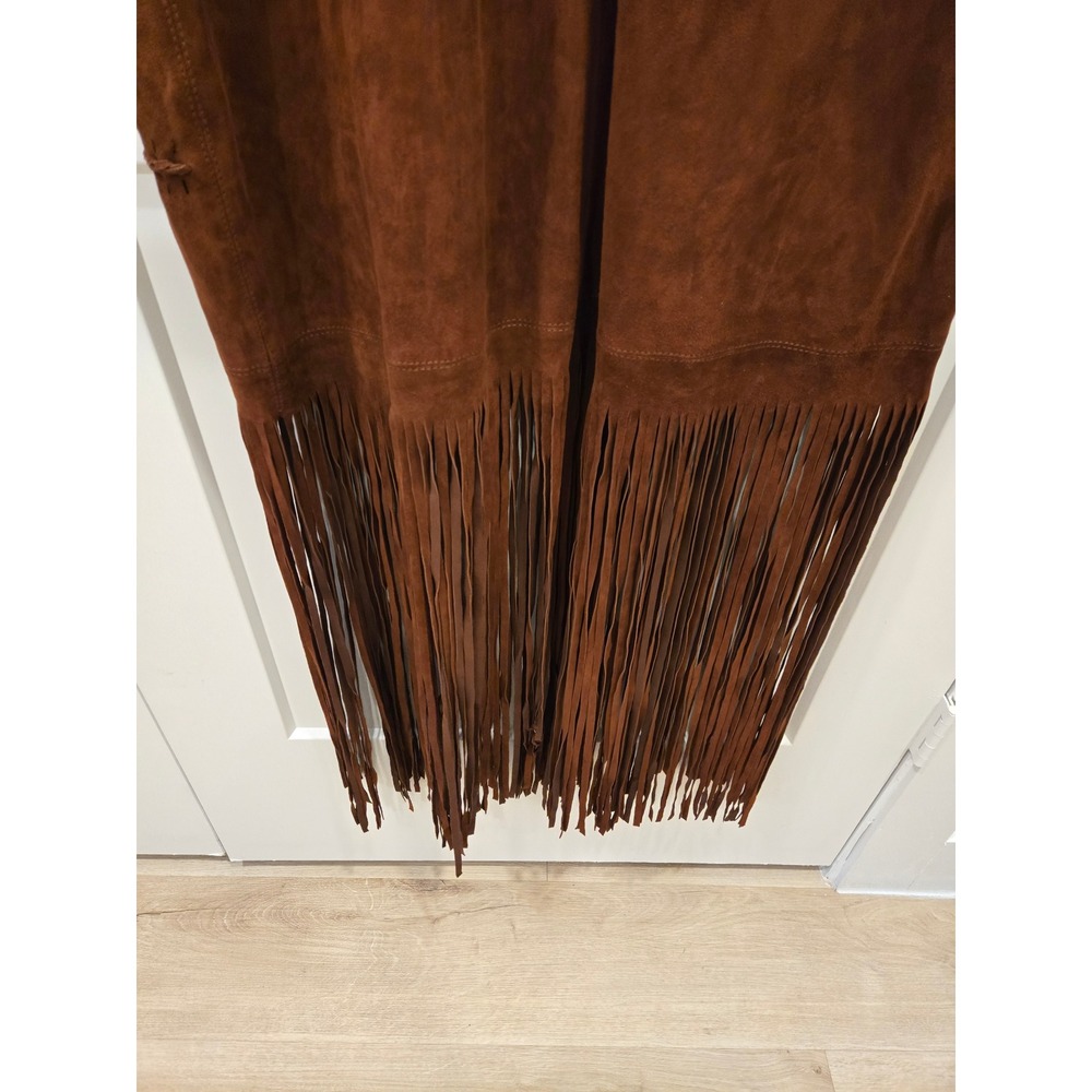 Sundance Brown Leather Suede Boho Fringe Duster Vest Laser Cut Floral Large - Picture 9 of 12